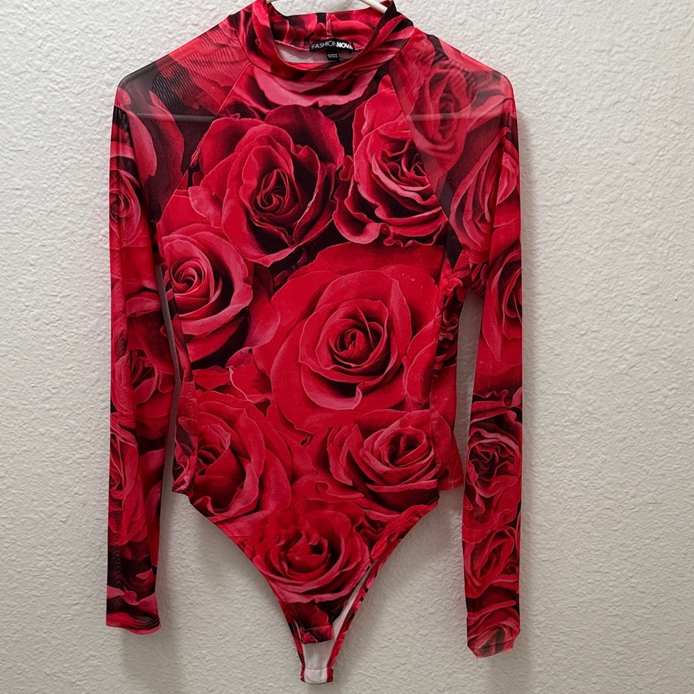 Fashion Nova Red Rose Floral Bodysuit